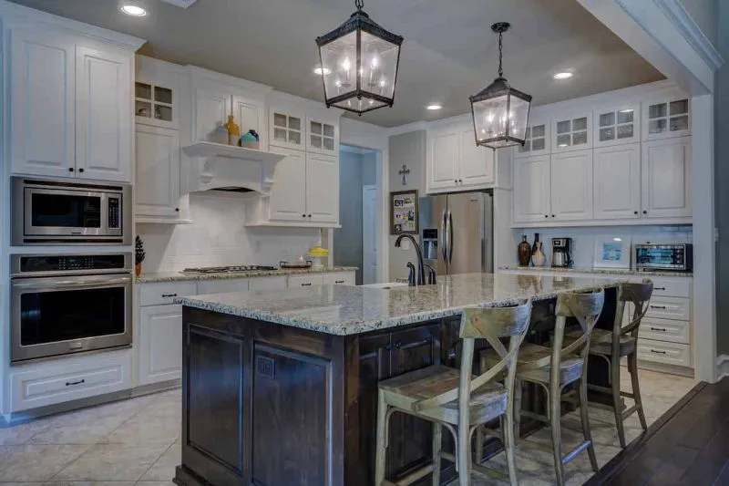 Traditional kitchen cabinets and countertops.